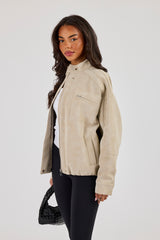 Wildlederjacke mit Trichterhals - Taupe