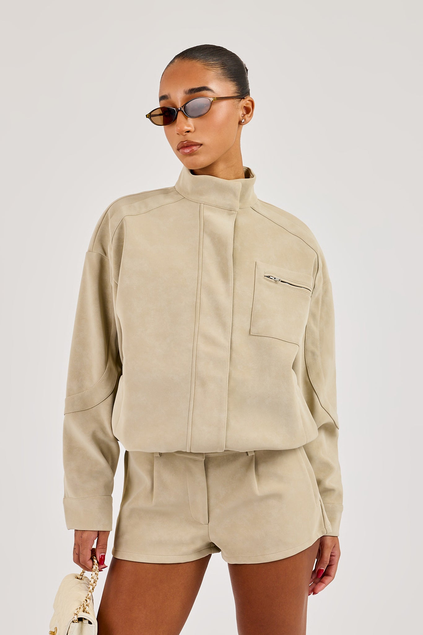 Suede Funnel Neck Jacket - Taupe