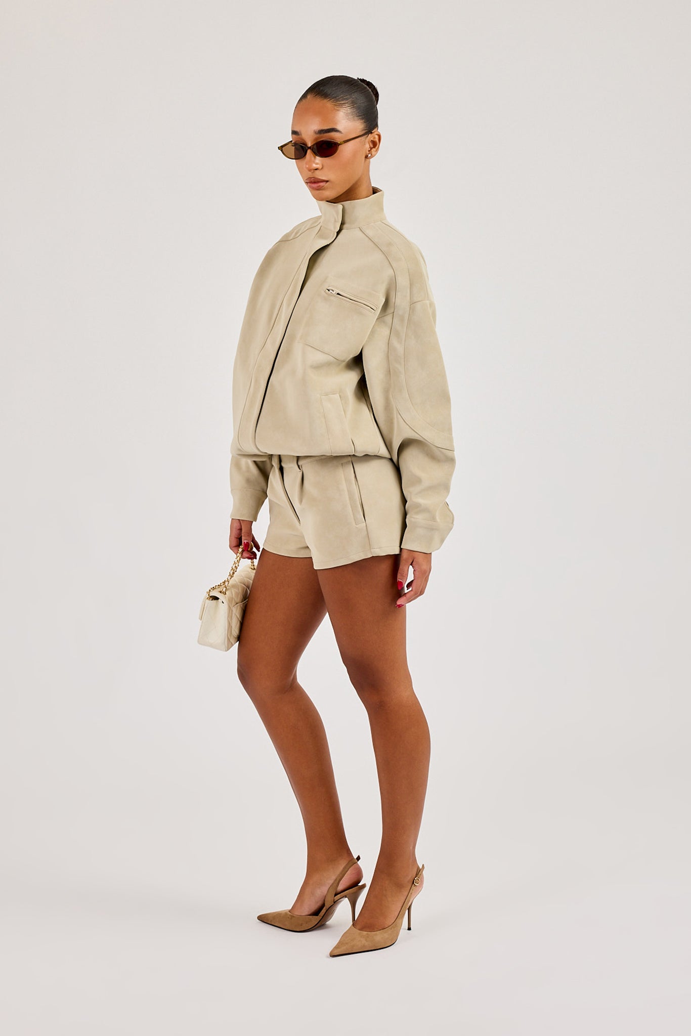 Suede Funnel Neck Jacket - Taupe