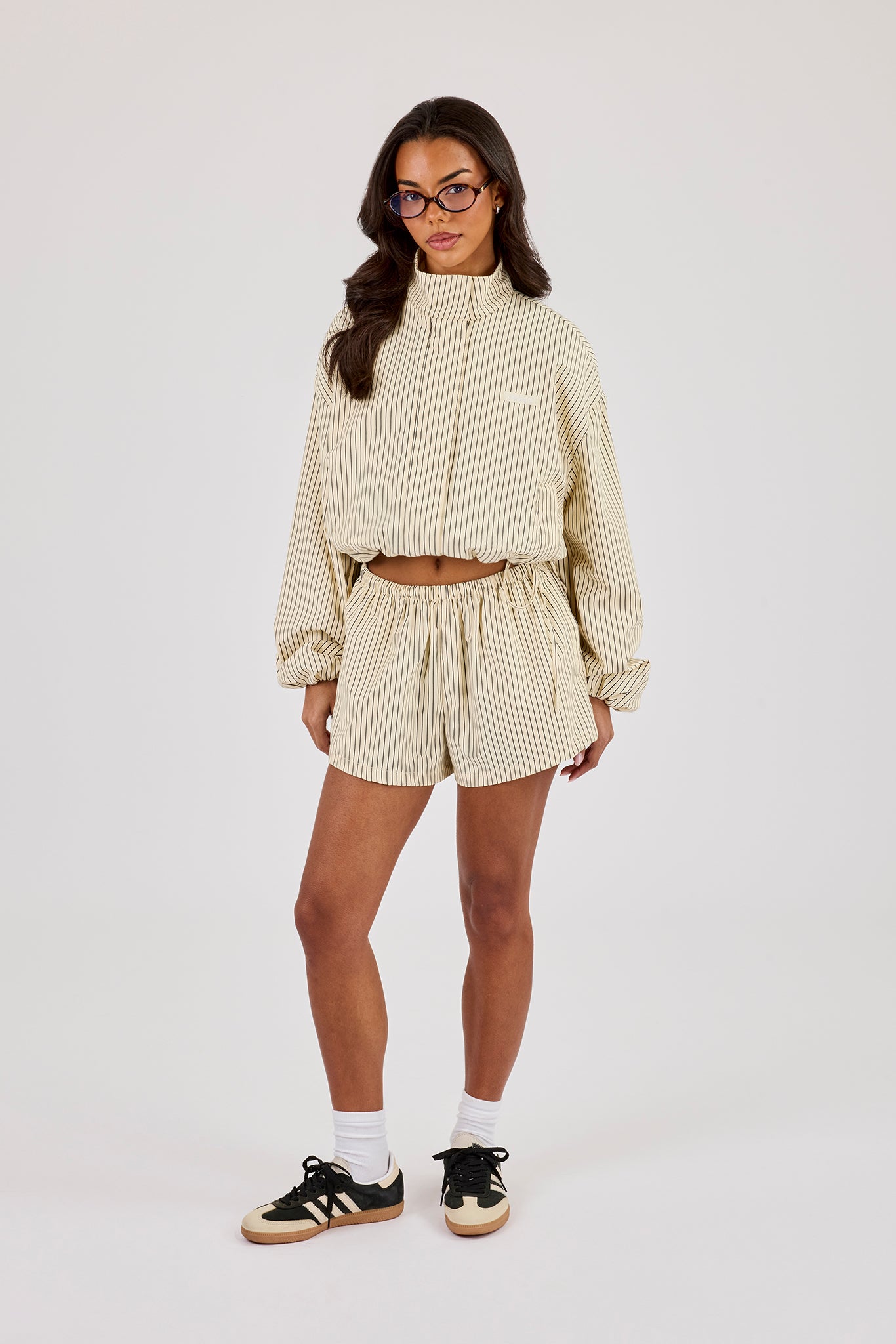 Stripe Nylon Funnel Neck Jacket - Butter Yellow