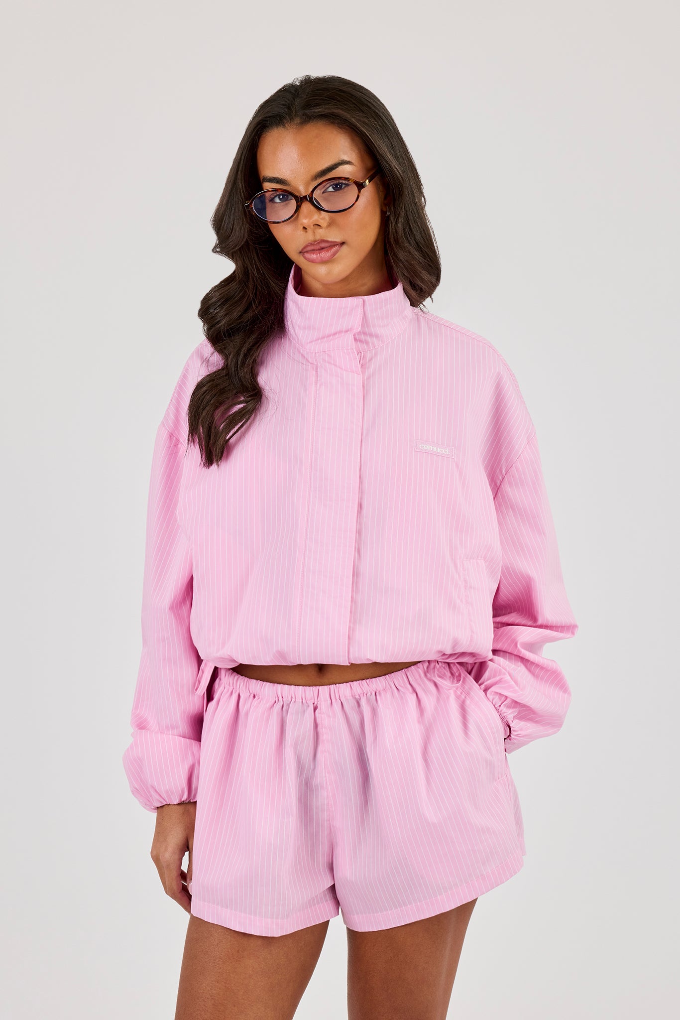 Stripe Nylon Funnel Neck Jacket - Pink | Womens Outerwear | Shop