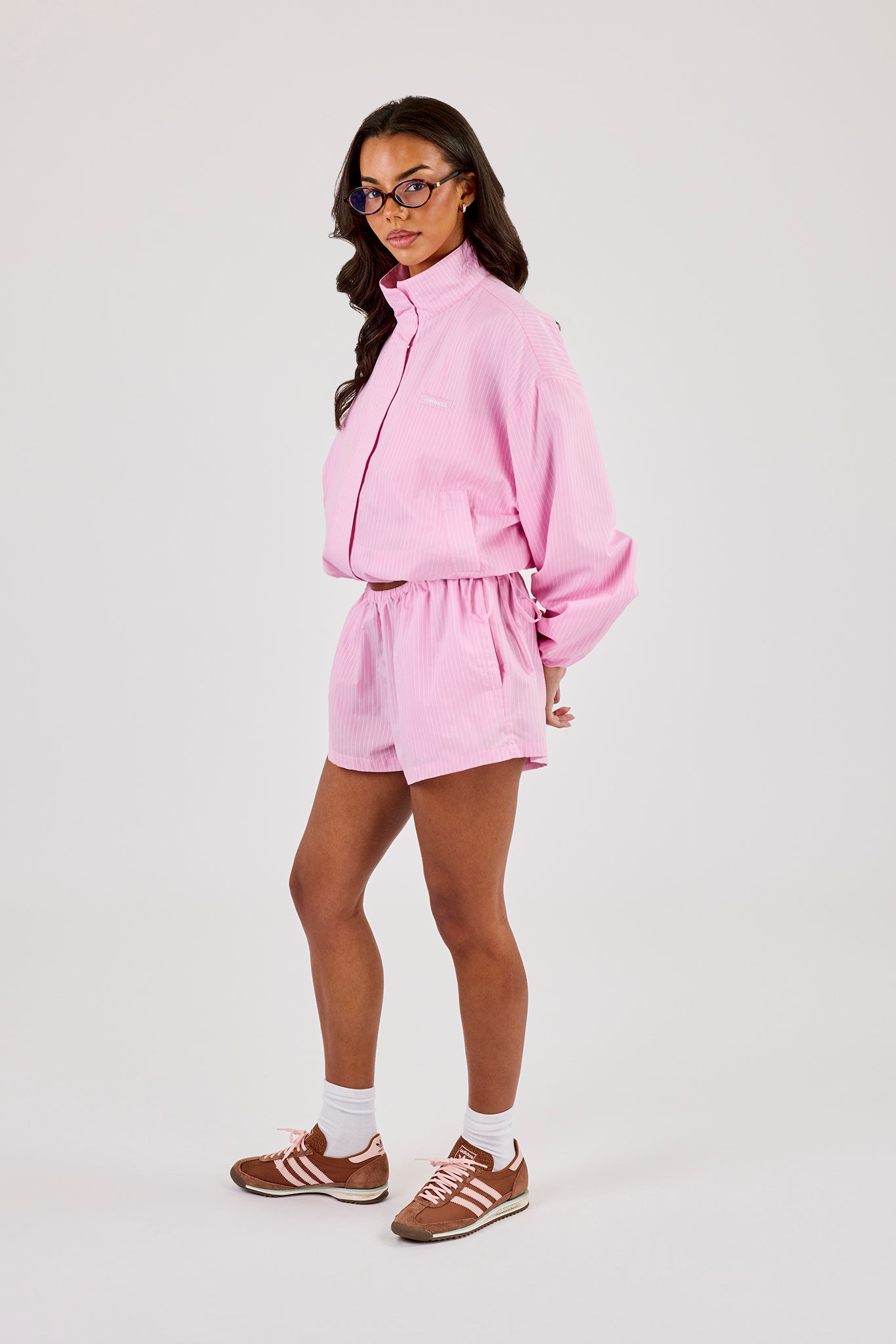 Stripe Nylon Funnel Neck Jacket & Short – Pink