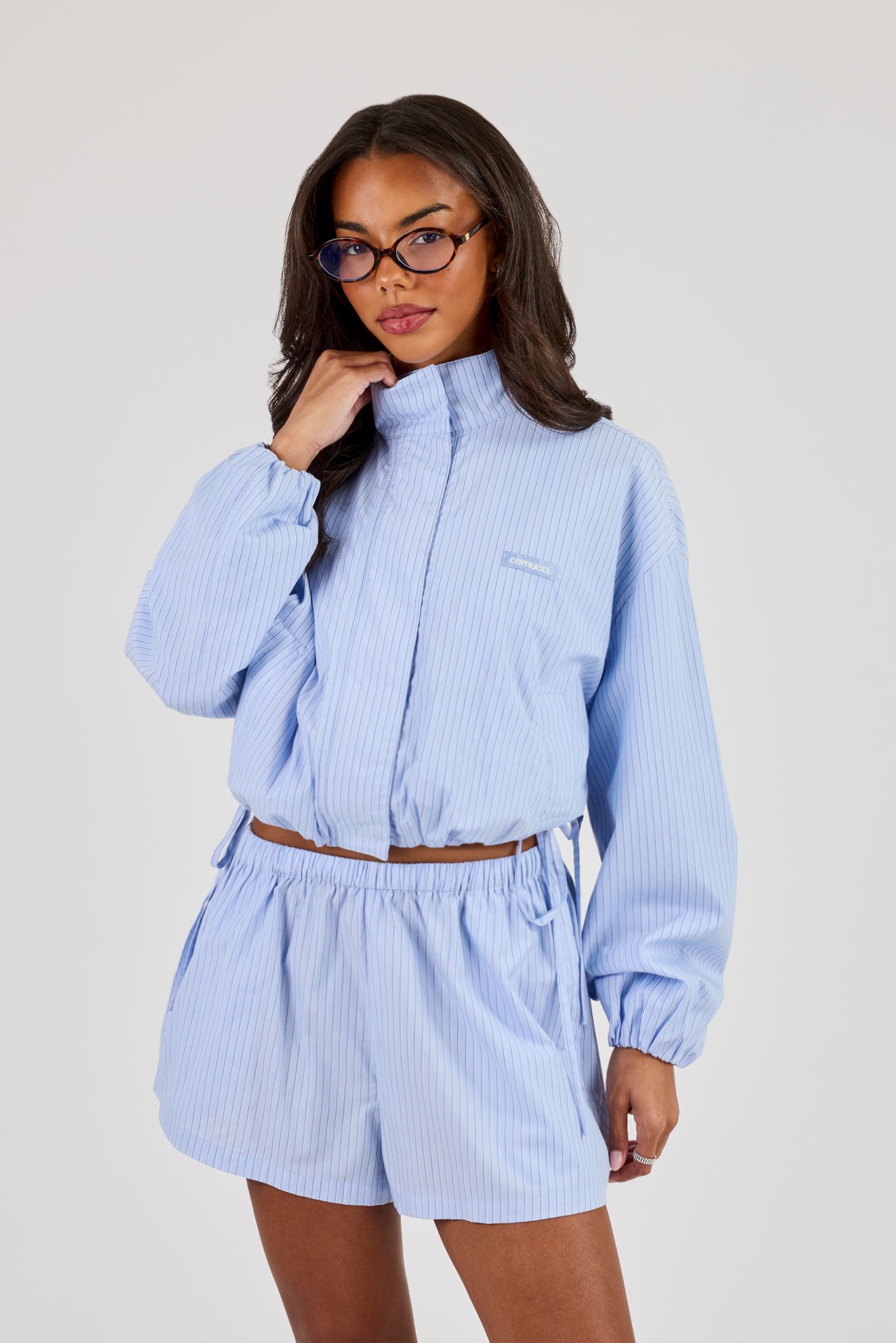 Stripe Nylon Funnel Neck Jacket - Light Blue