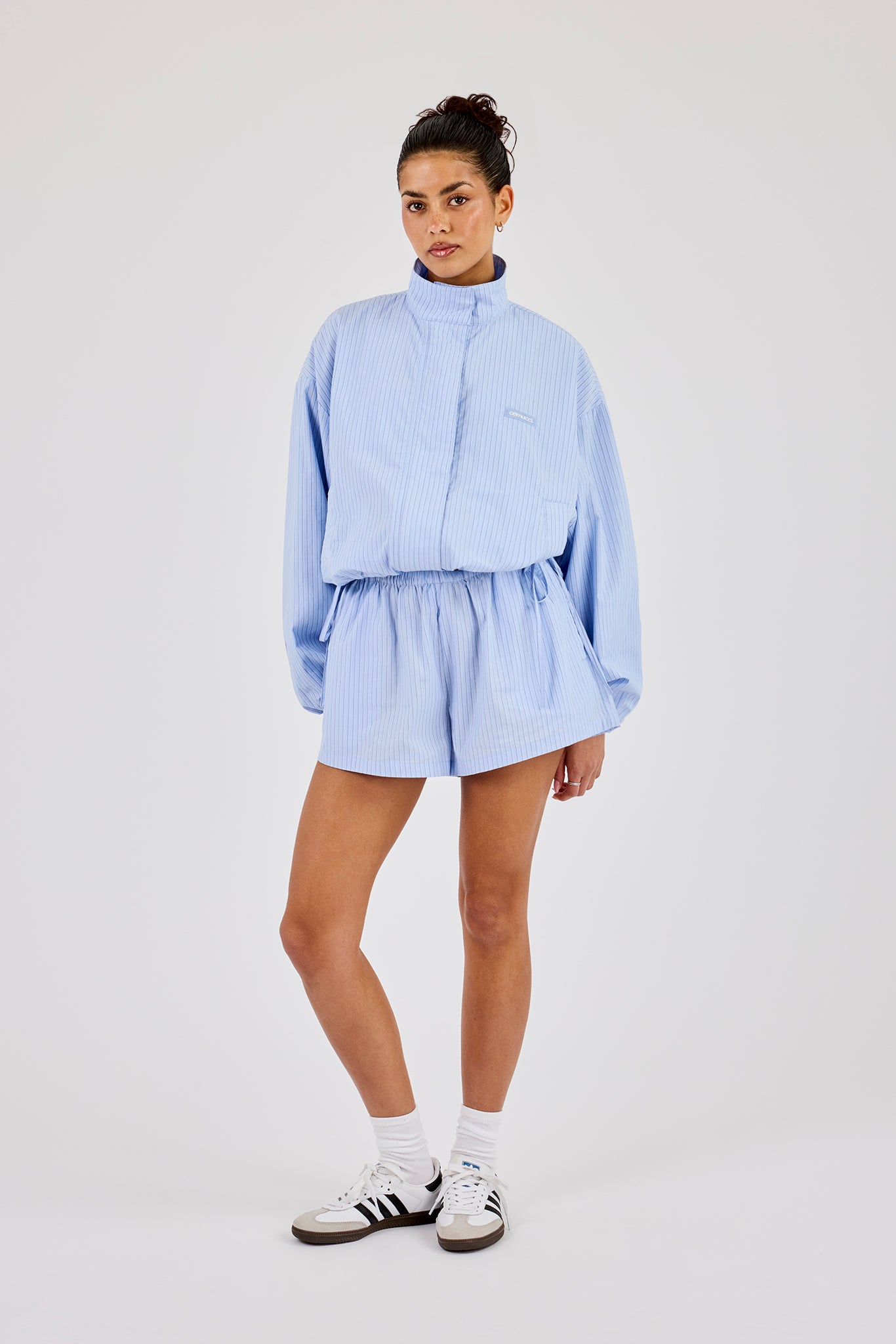 Stripe Nylon Funnel Neck Jacket & Nylon Short - Light Blue