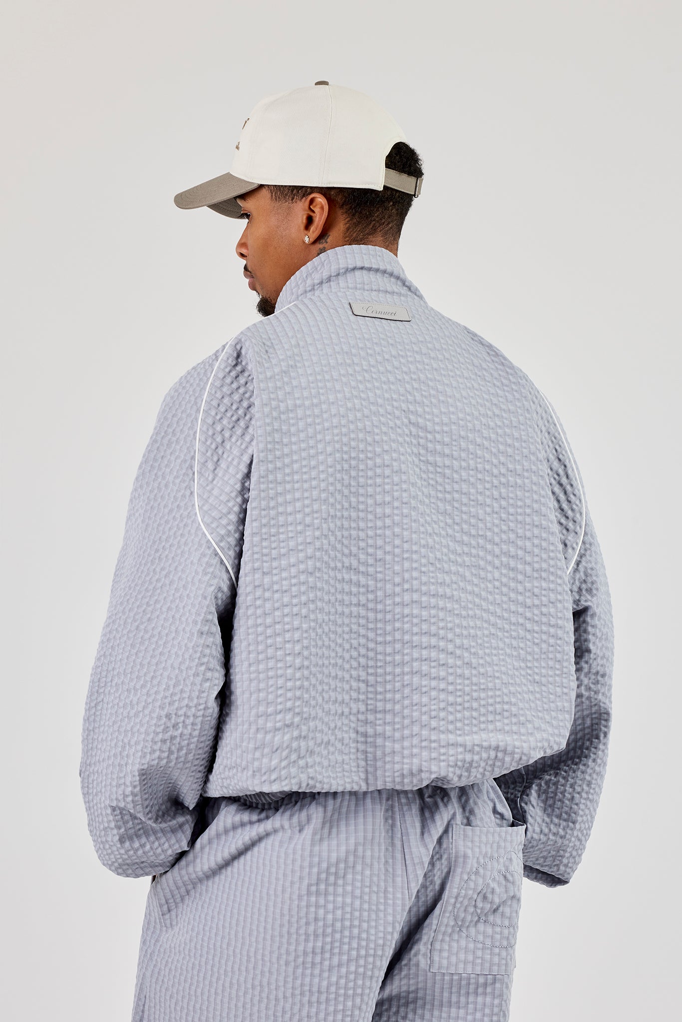 Oversized Nylon Check Funnel Neck Jacket - Light Grey