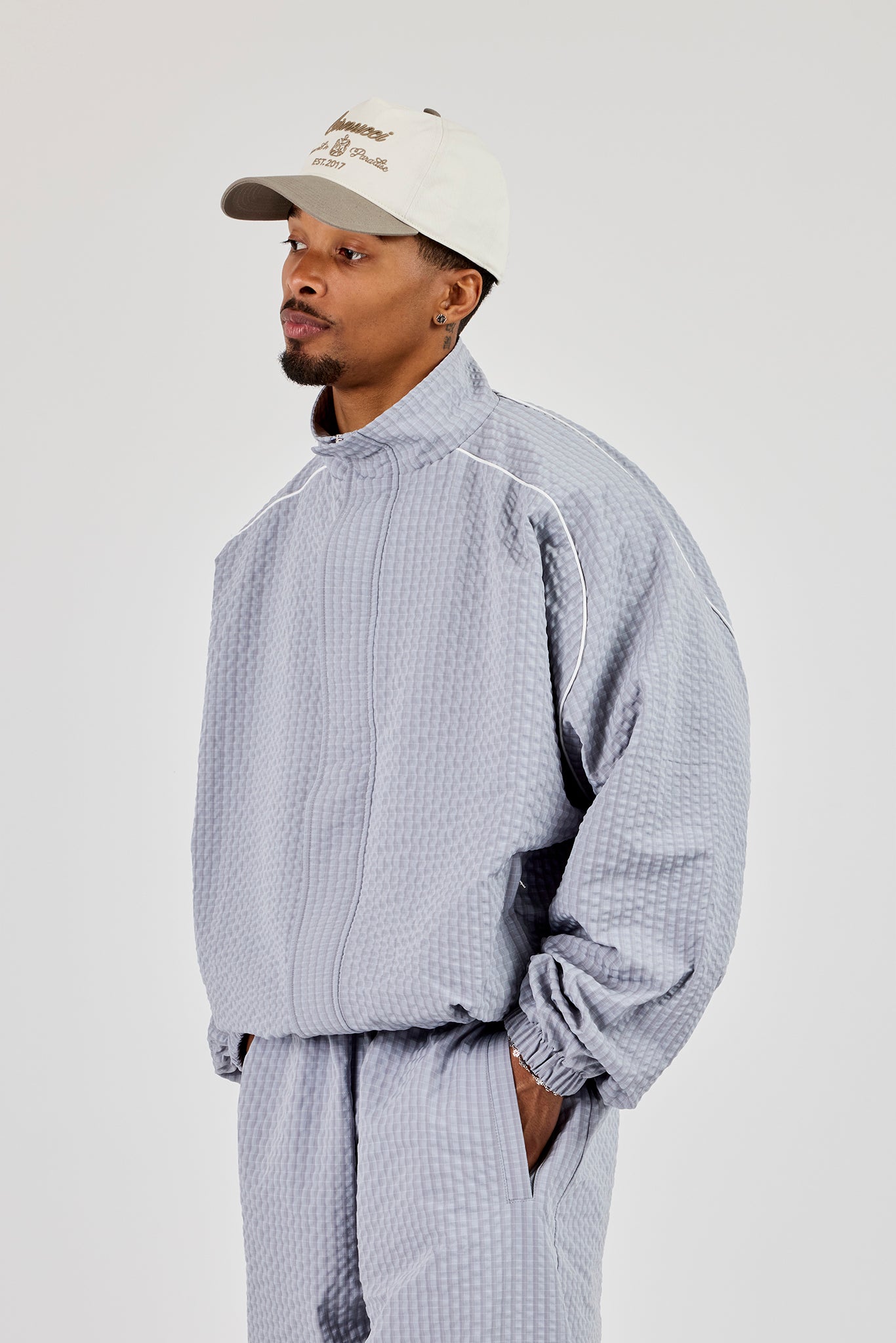 Oversized Nylon Check Funnel Neck Jacket - Light Grey
