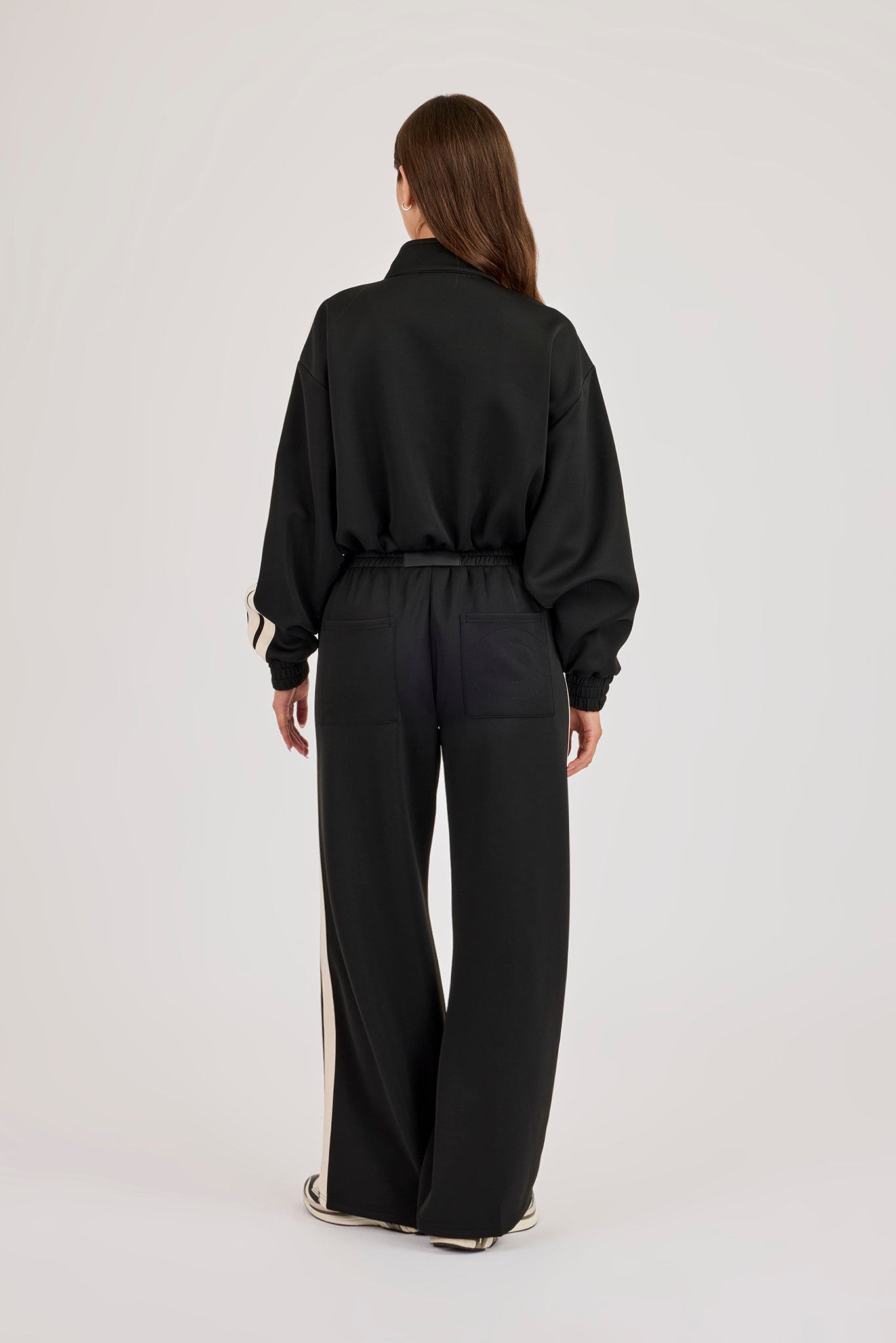 Cropped Taping Badge Logo Track Jacket & Wide Leg Trouser - Black