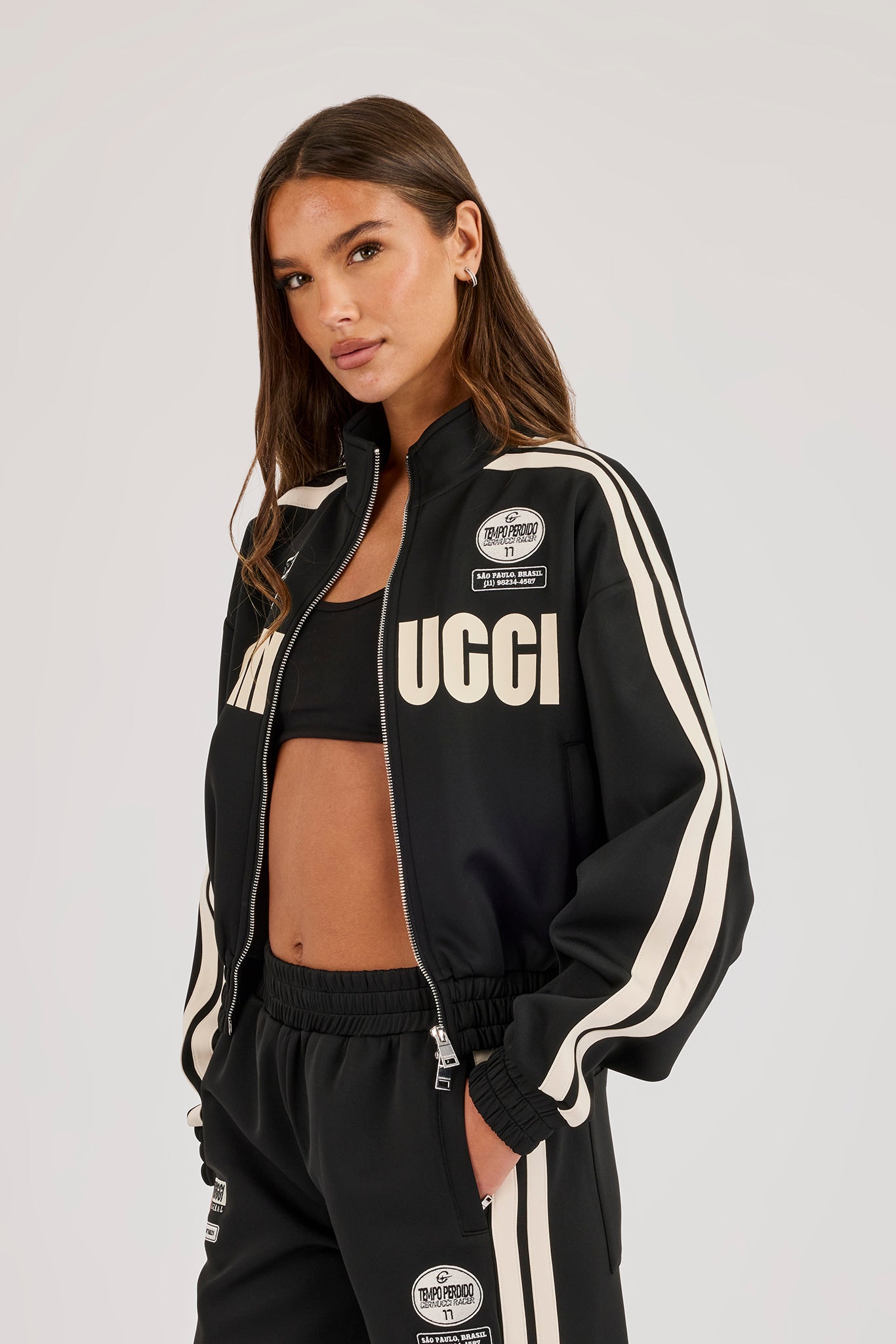 Cropped Taping Badge Logo Track Jacket - Black