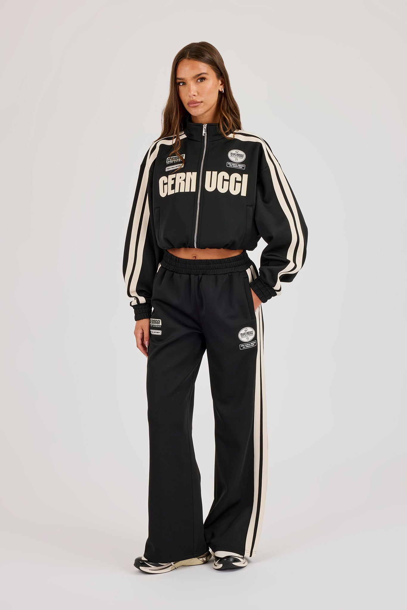 Cropped Taping Badge Logo Track Jacket & Wide Leg Trouser - Black