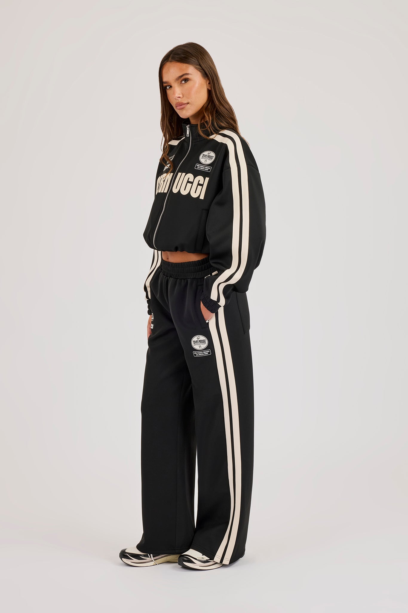 Cropped Taping Badge Logo Track Jacket & Wide Leg Trouser - Black