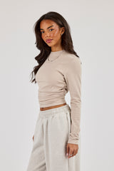 Soft Touch Ruched Long Sleeve Top - Stone