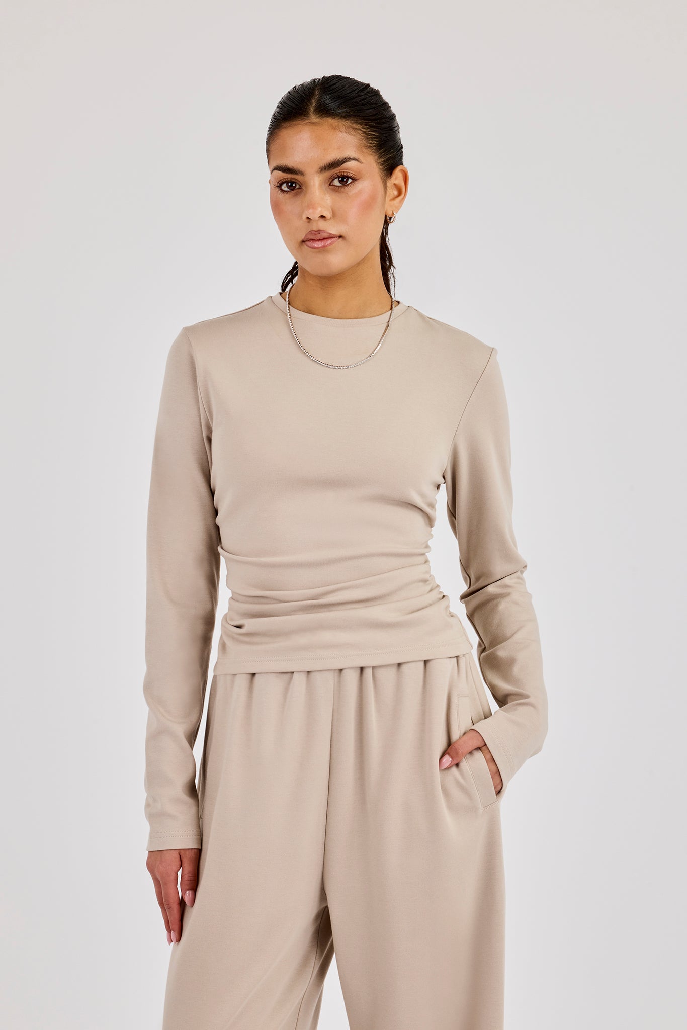 Soft Touch Ribbed Long Sleeve T-Shirt & Trouser - Taupe