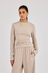 Soft Touch Ribbed Long Sleeve T-Shirt & Trouser - Taupe