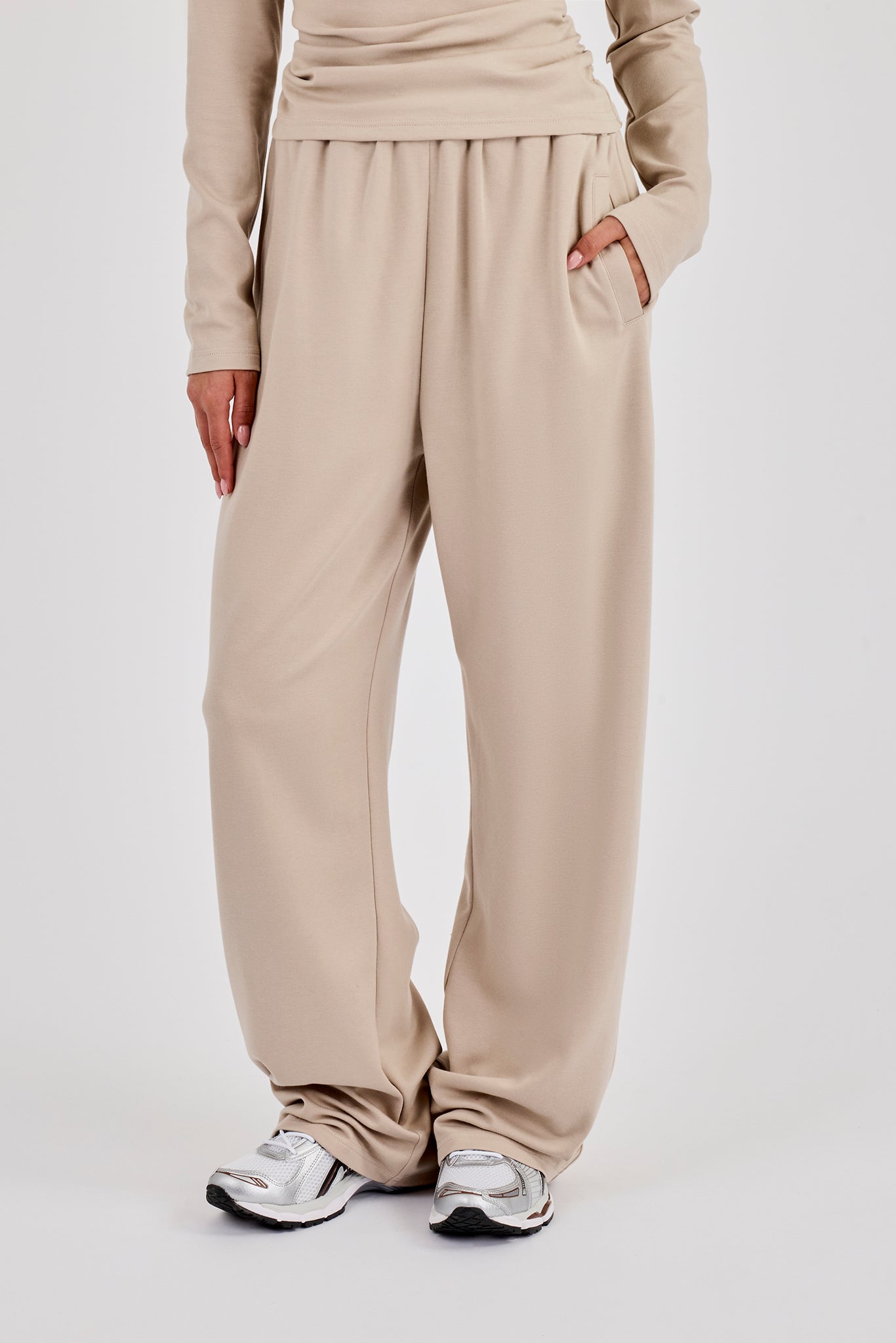 Soft Touch Ribbed Long Sleeve T-Shirt & Trouser - Taupe