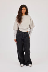 Cropped Oversized T-Shirt With Layered Shirt - Light Grey