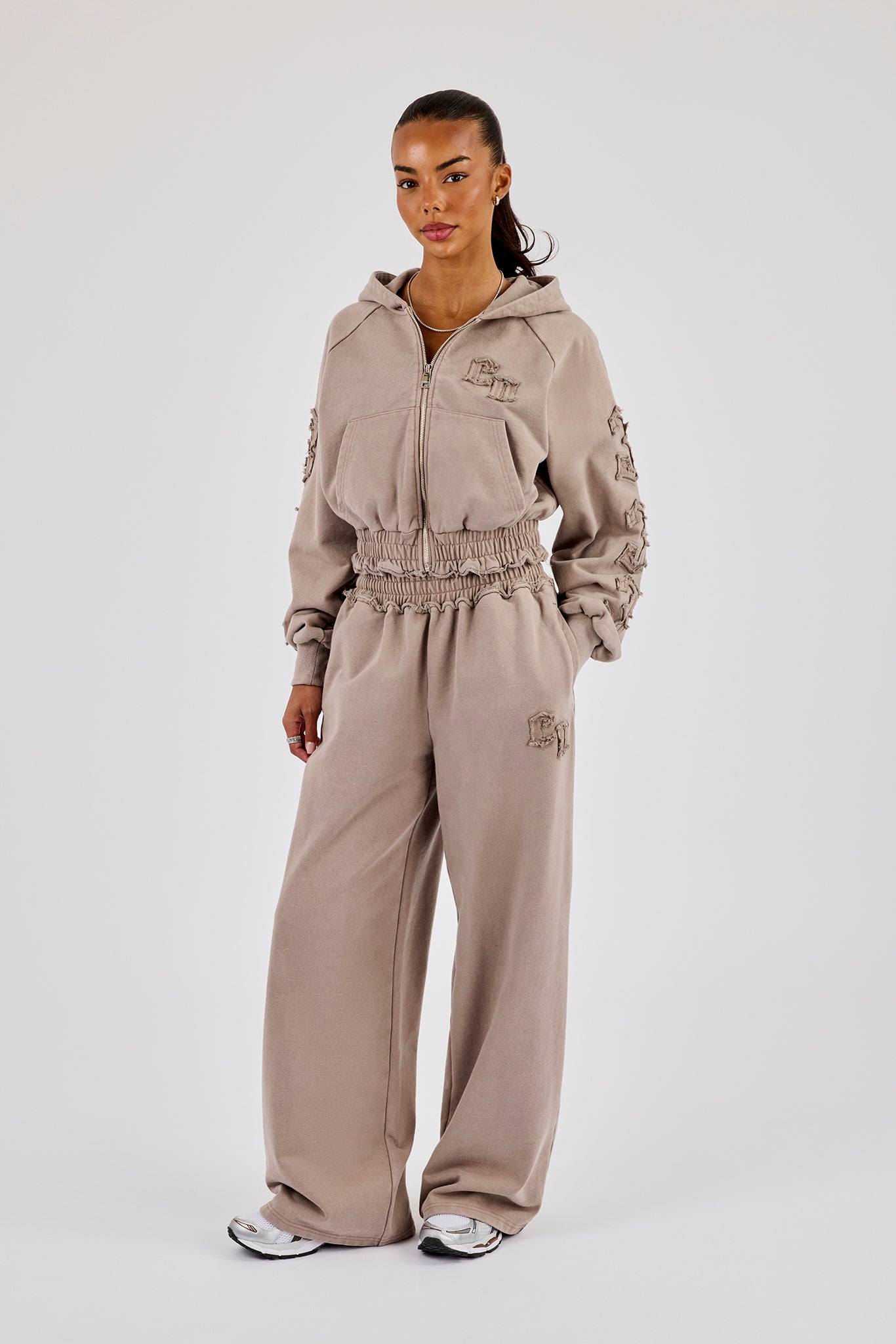 Applique Cropped Zip Hoodie & Wide Leg Jogger - Washed Taupe