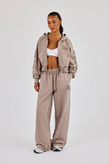 Applique Cropped Zip Hoodie & Wide Leg Jogger - Washed Taupe