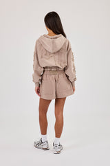 Applique Cropped Zip Hoodie & Jersey Short - Washed Taupe
