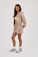 Applique Cropped Zip Hoodie & Jersey Short - Washed Taupe