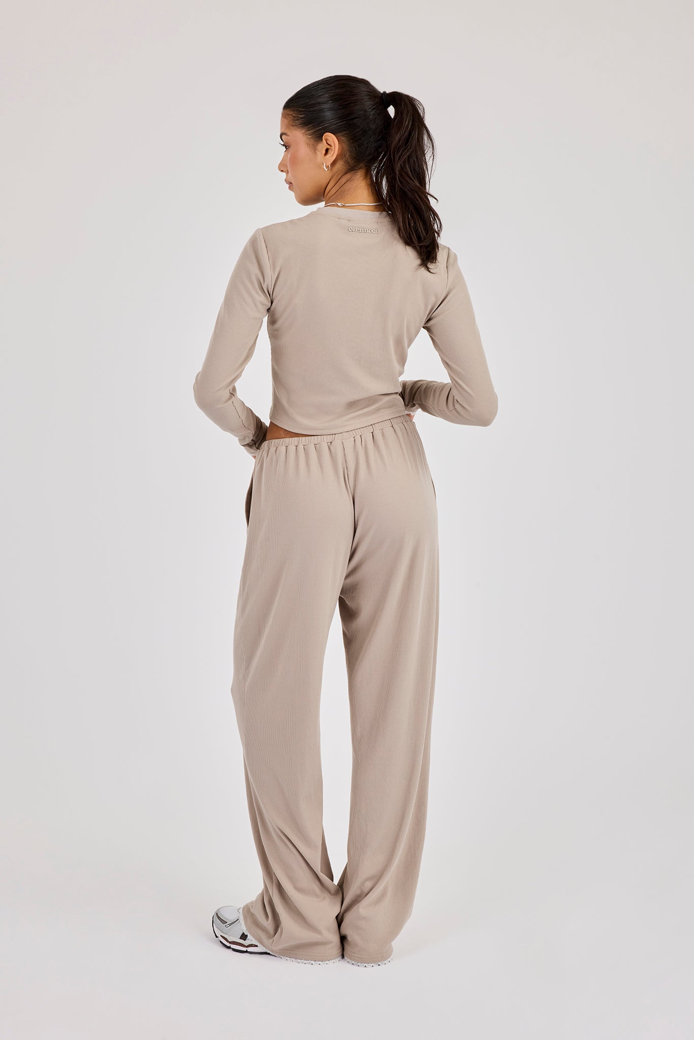 Soft Touch Ribbed Long Sleeve T-Shirt & Trouser - Taupe