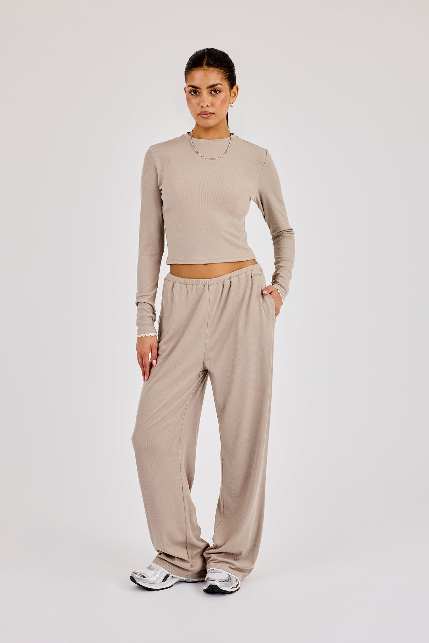 Soft Touch Ribbed Long Sleeve T-Shirt - Taupe