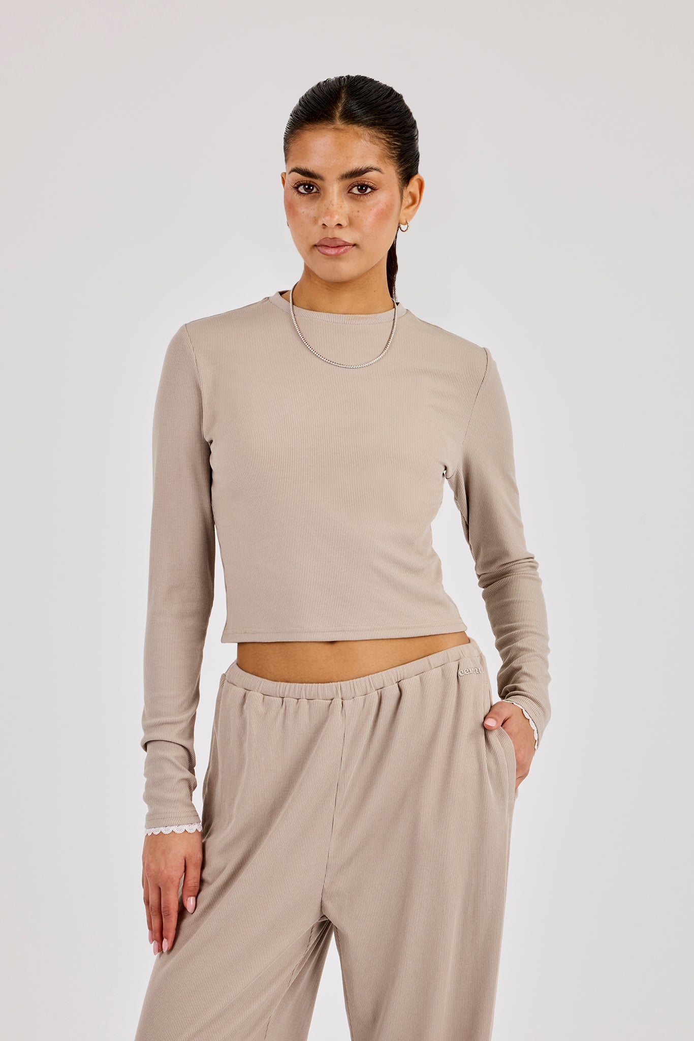Soft Touch Ribbed Long Sleeve T-Shirt - Taupe