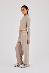 Soft Touch Ribbed Long Sleeve T-Shirt & Trouser - Taupe