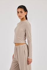 Soft Touch Ribbed Long Sleeve T-Shirt - Taupe