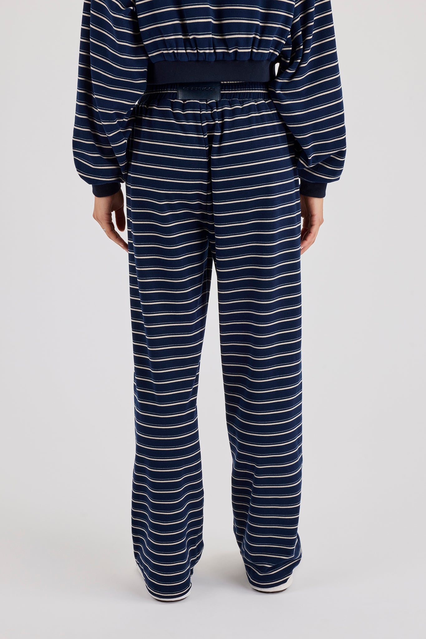 Soft Touch Stripe Button Detail Wide Leg Jogger - Navy