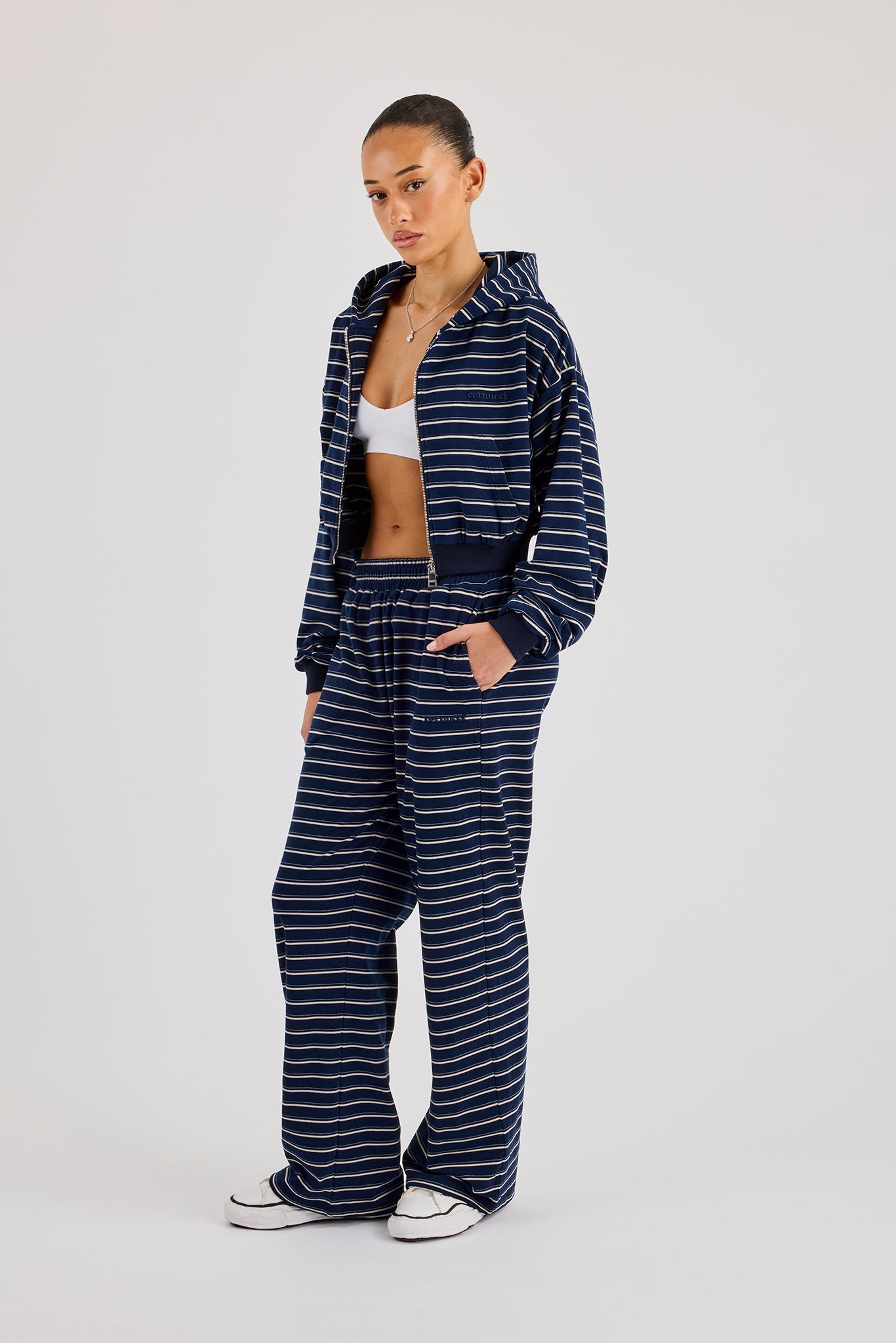 Soft Touch Stripe Zip Through Hoodie & Wide Leg Jogger - Navy