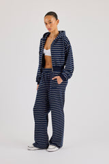 Soft Touch Stripe Zip Through Hoodie & Wide Leg Jogger - Navy