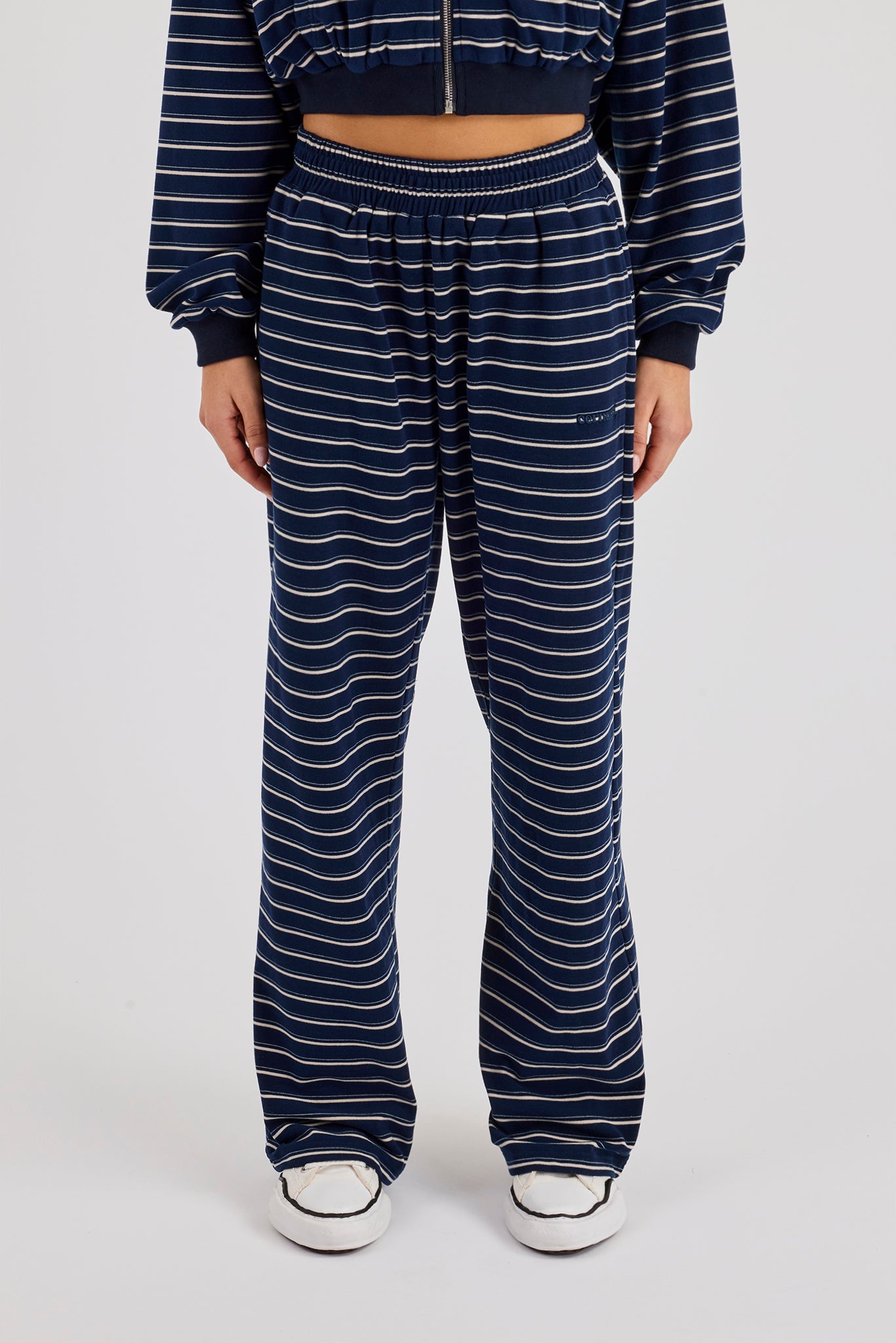 Soft Touch Stripe Button Detail Wide Leg Jogger - Navy