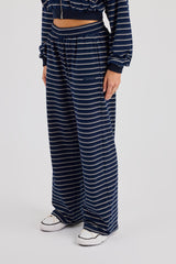 Soft Touch Stripe Button Detail Wide Leg Jogger - Navy