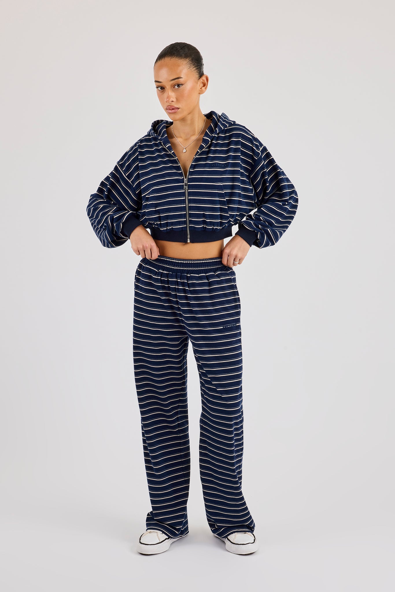 Soft Touch Stripe Button Detail Wide Leg Jogger - Navy