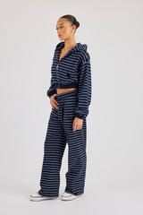 Soft Touch Stripe Zip Through Hoodie & Wide Leg Jogger - Navy