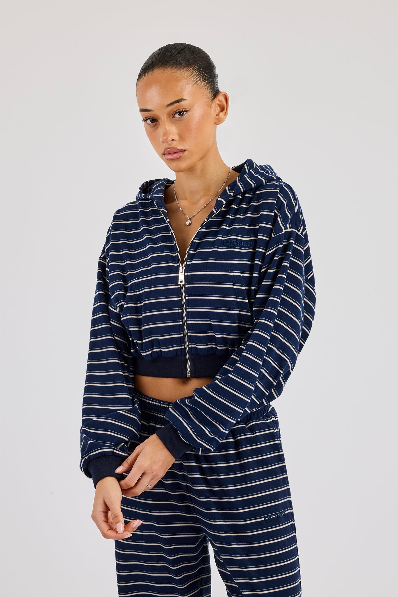 Soft Touch Stripe Zip Through Hoodie - Navy
