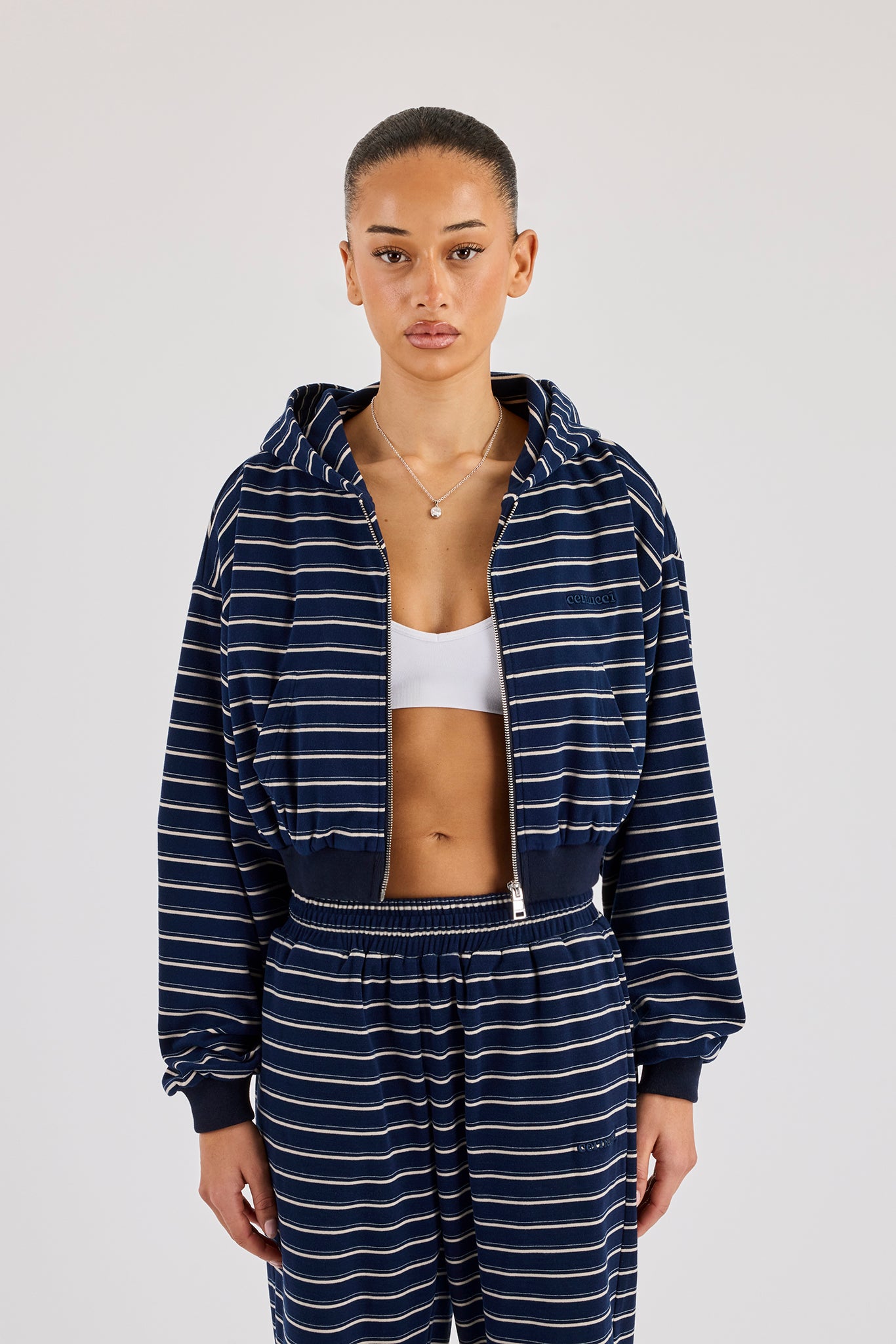 Soft Touch Stripe Zip Through Hoodie - Navy | Womens Hoodies