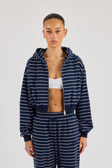 Kapuzenjacke mit weichem Griff, Streifenmuster und Reißverschluss – Marineblau