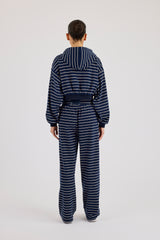 Soft Touch Stripe Zip Through Hoodie & Wide Leg Jogger - Navy
