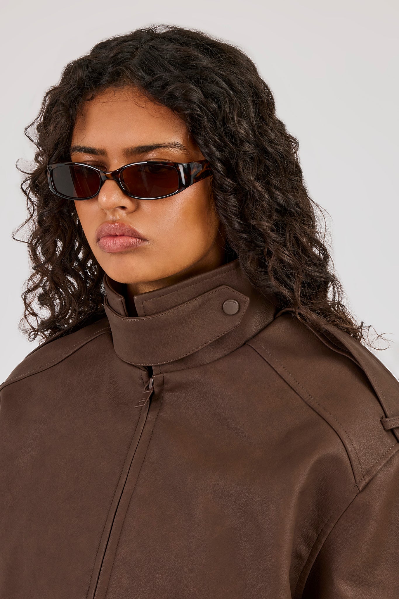 PU Funnel Neck Boxy Jacket - Chocolate