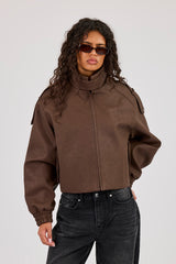 PU Funnel Neck Boxy Jacket - Chocolate
