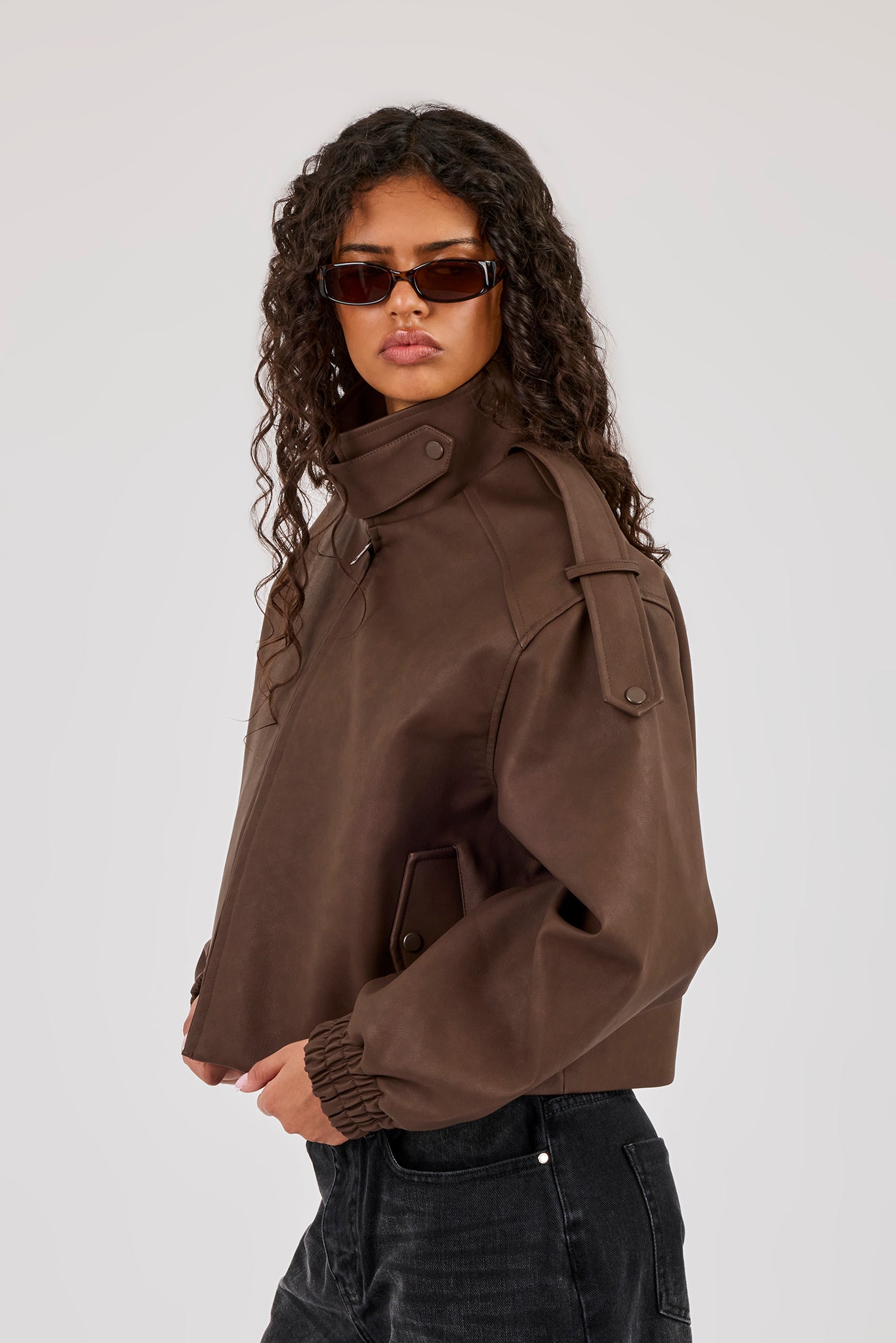 PU Funnel Neck Boxy Jacket - Chocolate