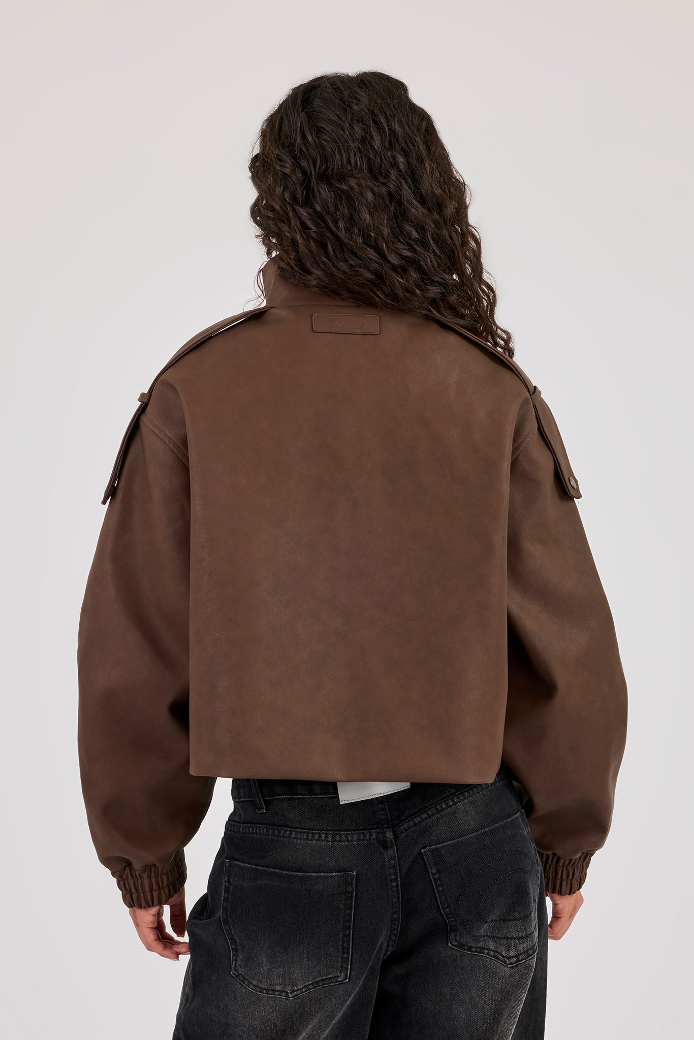 PU Funnel Neck Boxy Jacket - Chocolate