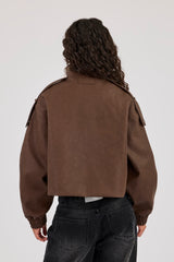 PU Funnel Neck Boxy Jacket - Chocolate