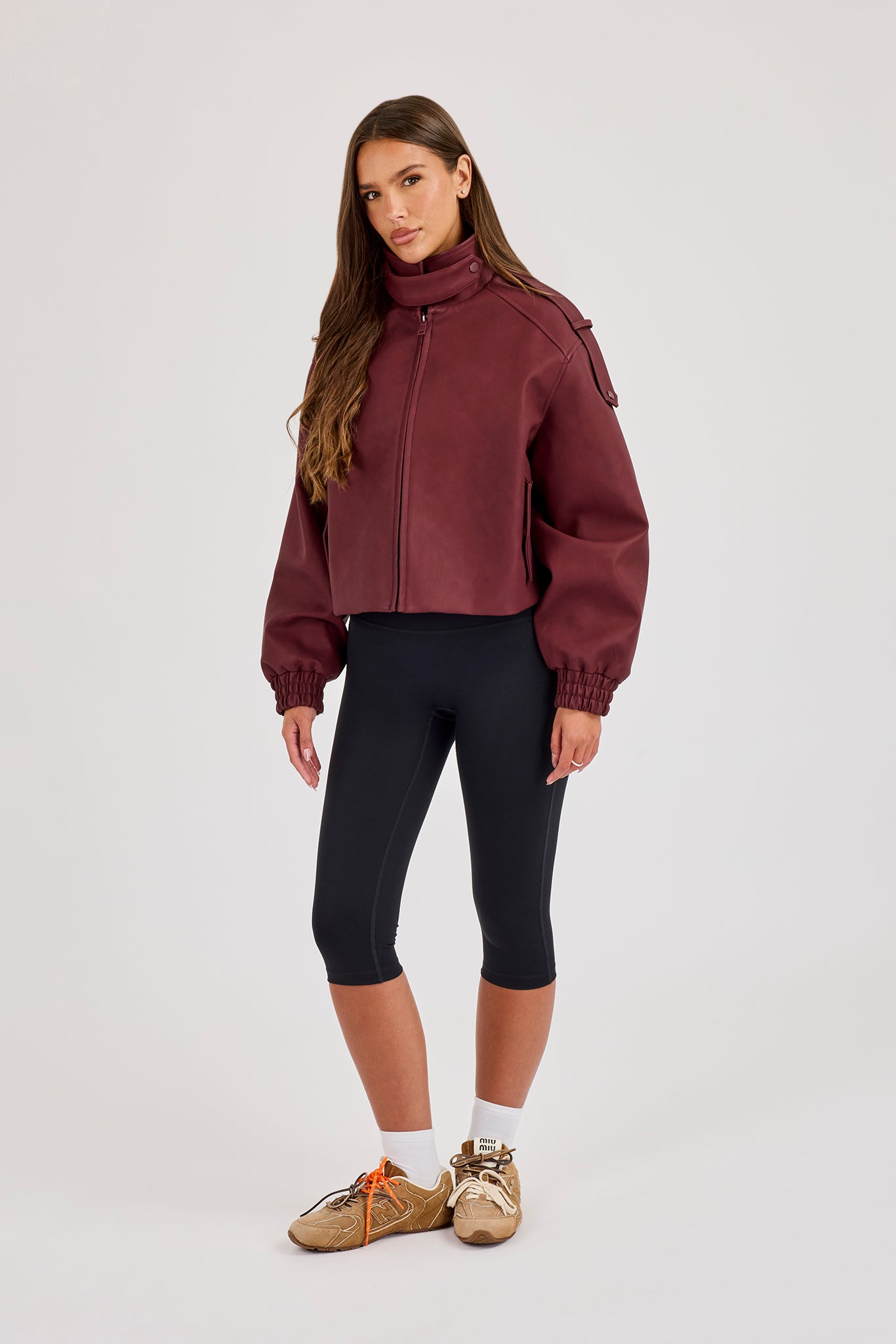 PU Funnel Neck Boxy Jacket - Oxblood Red