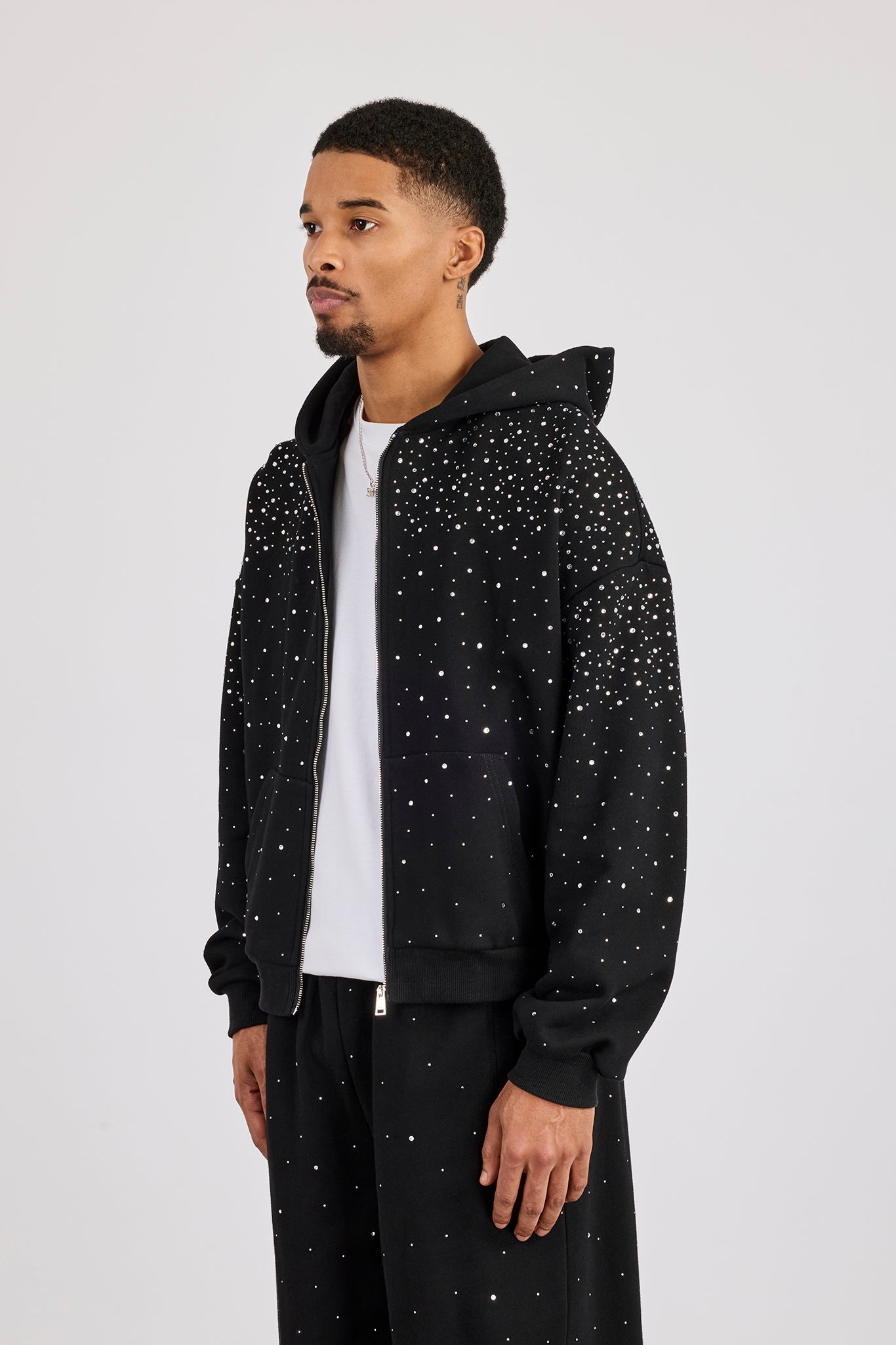 Rhinestone Zip Through Hoodie - Black