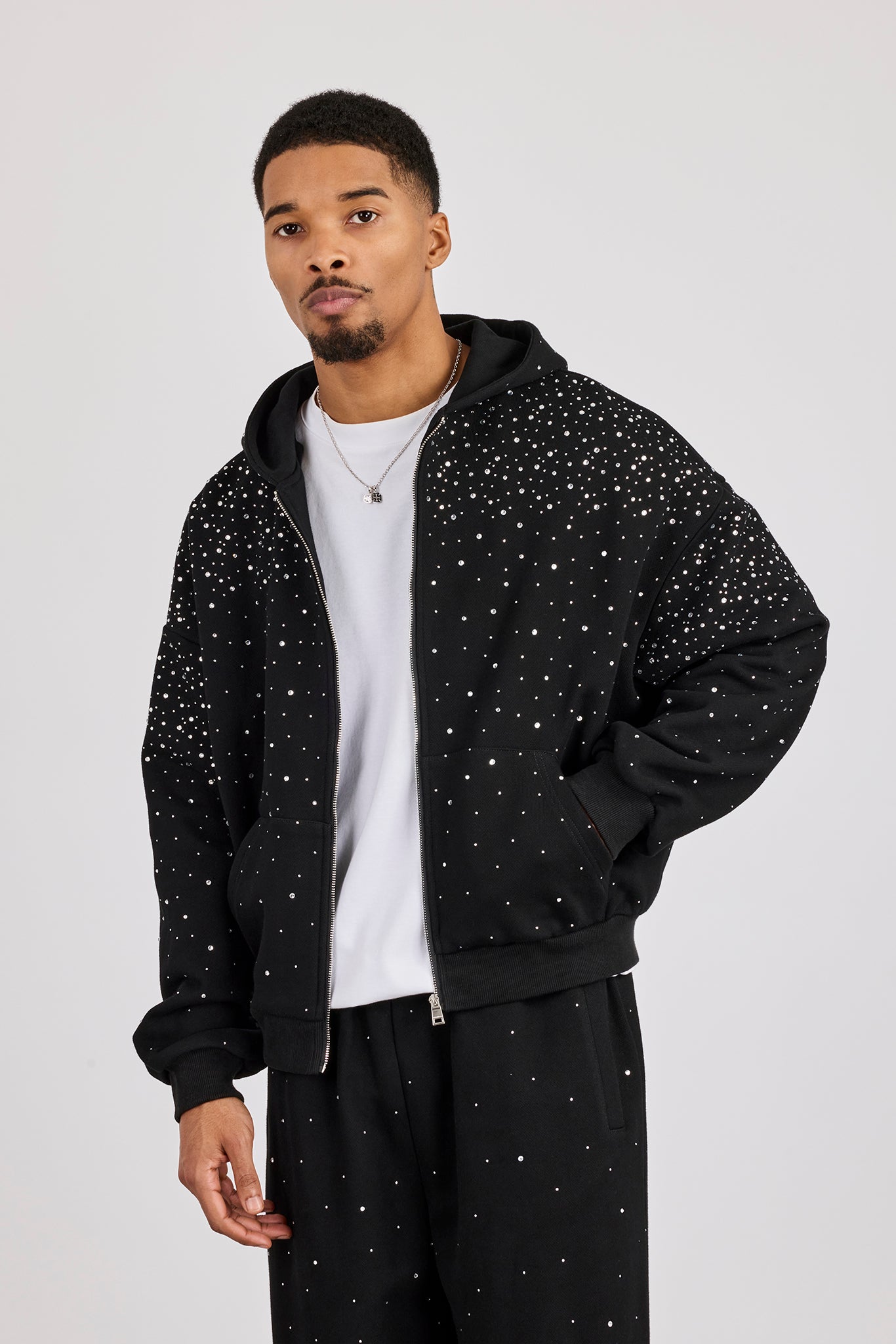 Rhinestone Zip Through Hoodie - Black