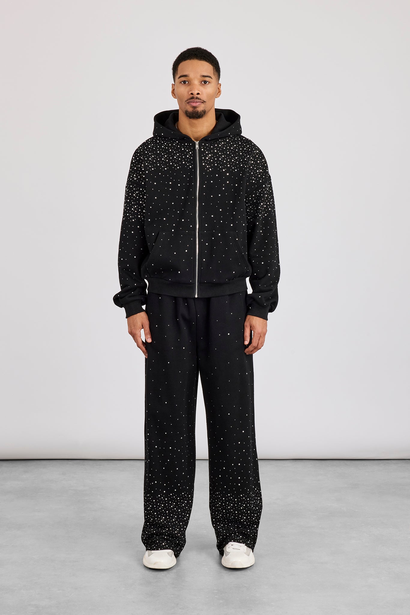 Rhinestone Zip Through Tracksuit - Black | Mens Sets | Shop