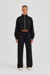Scuba Funnel Neck Crop Jacket & Wide Leg Jogger - Black