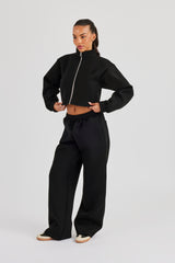 Scuba Funnel Neck Crop Jacket & Wide Leg Jogger - Black